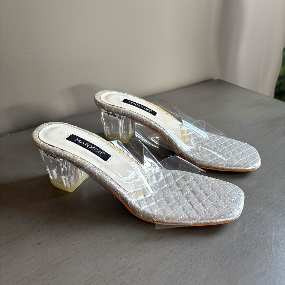 Manxixi Criss- Cross Transparent Clear Block Heel Slip On Shoe Women EU 39 US 8